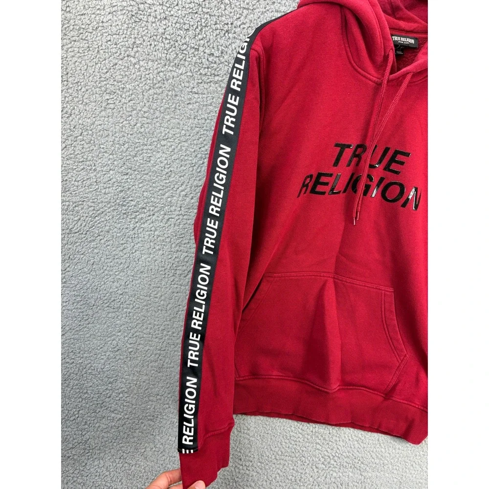 True Religion Silicone Tape Pullover Hoodie Sweatshirt Mens L Red Streetwear Y2K